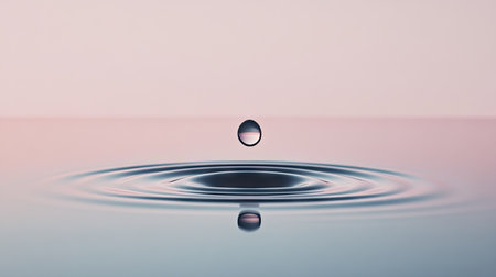 Flat lay of a water drop on a reflective surface, with a large open area to the side for text or product information.の素材