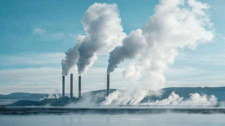 Geothermal power plant with steam rising from vents, with a large open area of the sky for copy.の素材