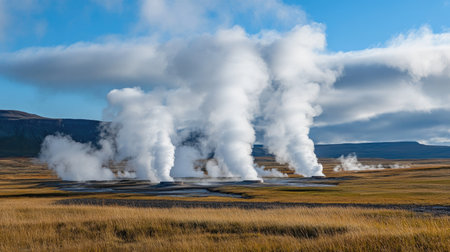 Geothermal power plant with steam rising from vents, with a large open area of the sky for copy.の素材