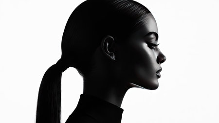 Front view of a woman with a sleek ponytail, leaving the upper half of the image empty for copy or design.の素材