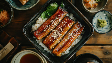 High-angle view of a restaurant-style serving of grilled eel with sweet soy glaze, topped with sesame seeds, on a table set for a Japanese meal.の素材