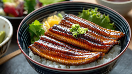 Grilled unagi (Japanese eel) coated in sweet soy sauce, served on top of a bowl of steamed rice with green tea and a small salad in the backgroundの素材