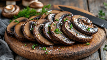 Freshly sliced portobello mushrooms arranged on a wooden board with a sprinkle of herbs and a che knife nearbyの素材