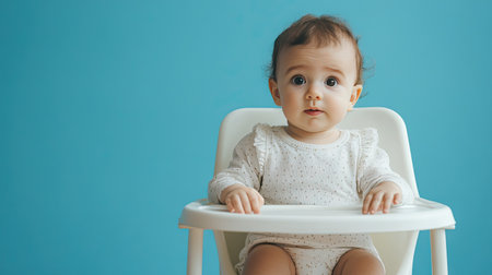 Infant sitting in a high chair with a blank wall behind them, perfect for text placement.の素材
