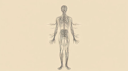 Human nervous system diagram, centrally aligned with plenty of blank space around for copy. -の素材