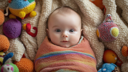 Infant wrapped in a soft blanket, surrounded by toys with ample room for text around the baby.の素材