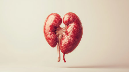 Human kidney illustration, floating against a plain background with lots of copy space surrounding the organ.の素材