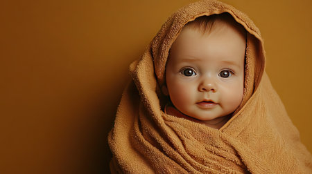 Newborn baby wrapped in a towel after a bath, with space for copy to the side.の素材