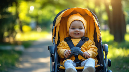 Infant in a stroller outdoors, with plenty of space for text in the background.の素材