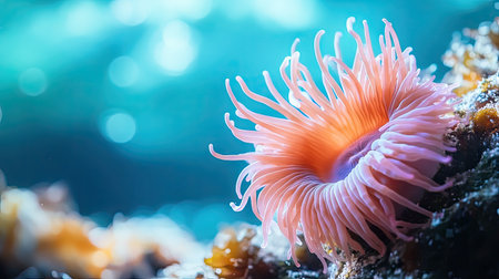 Side view of a sea anemone with a clean, blurred ocean background, offering plenty of space on the left for copy or promotional material. -の素材