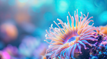 Side view of a sea anemone with vibrant colors, with a soft-focus background creating ample space for text or logos.の素材