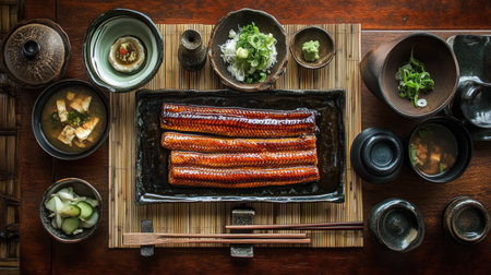 Overhead shot of a Japanese dinner table, featuring grilled eel fillets glazed with sauce, served with side dishes and chopsticks on a bamboo mat.の素材