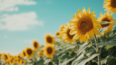 Side view of a lush sunflower field with a clear sky, offering generous space on the right for text or product details.の素材