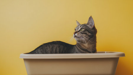 Side view of a cat's body partially inside a litter box, with a neutral space around it for copy, perfect for cat care promotions.の素材