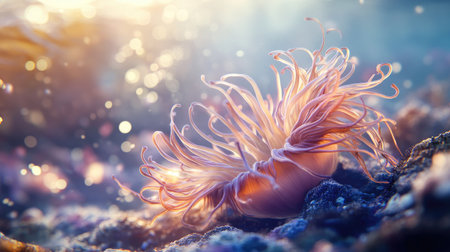 Side view of a sea anemone with its tentacles in motion, with a blurred ocean backdrop creating a large area for text or product details.の素材