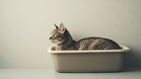 Side view of a cat's body partially inside a litter box, with a neutral space around it for copy, perfect for cat care promotions.の素材