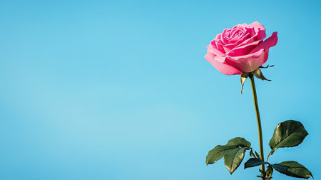 Side view of a single pink rose with a clear blue sky in the background, creating ample copy space on the right side for text or branding.の素材