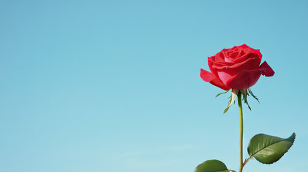 Side view of a single rose with a clear sky in the background, creating ample copy space on the right for text or branding.の素材