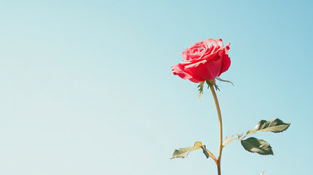 Side view of a single rose with a clear sky in the background, creating ample copy space on the right for text or branding.の素材