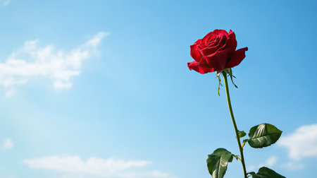 Side view of a single rose with a clear sky in the background, creating ample copy space on the right for text or branding.の素材