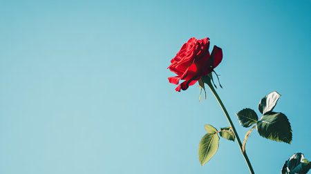 Side view of a single red rose with a clear blue sky in the background, creating ample copy space on the right side for text or branding.の素材