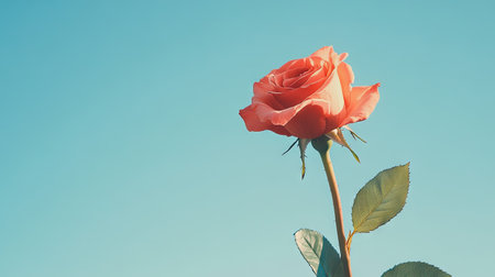 Side view of a single rose with a clear sky in the background, creating ample copy space on the right for text or branding.の素材