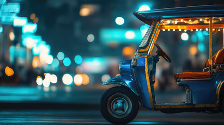 Side view of a tuk tuk parked by the roadside with a blurred city background, creating ample space on the left side for text or logos.の素材