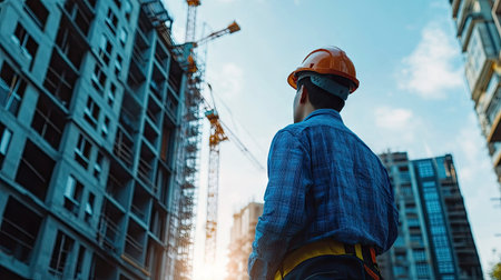Side view of an engineer inspecting a construction site with open space for copy in the sky.の素材