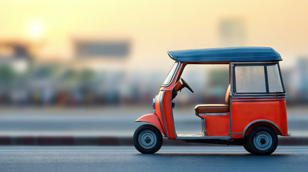 Side view of a tuk tuk parked by the roadside with a blurred city background, creating ample space on the left side for text or logos.の素材