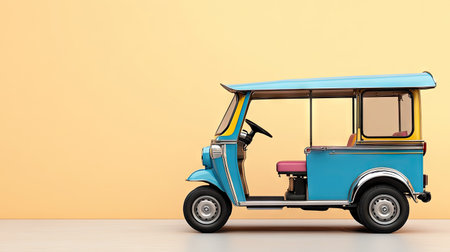 Side view of a tuk tuk with a neutral background, providing ample space on the left for text or promotional material.の素材