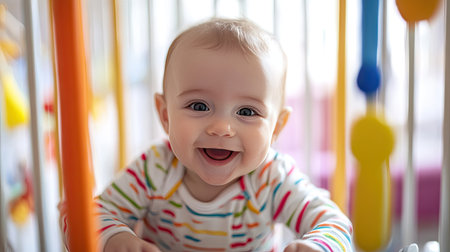 Smiling infant in a playpen, with ample space around them for text placement.の素材