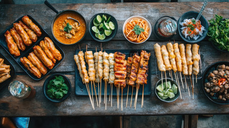 Thai street food spread on a rustic table: skewers of satay, spring rolls, and Thai iced tea, ready to enjoy.の素材