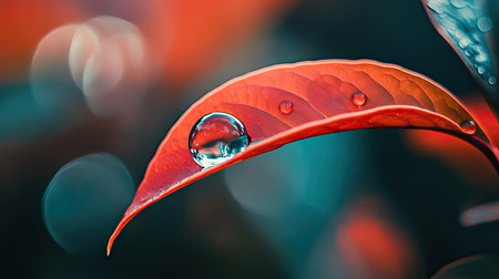 Side view of a water droplet on a leaf with a blurred background, creating ample copy space on the right side for advertising.の素材
