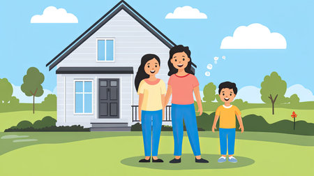 Smiling parents and two kids standing in front of their house, with space for copy in the sky.の素材