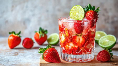 Tom strawberry drink served with whole strawberries and lime slices, beautifully arranged on a light wooden surface.の素材