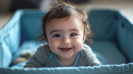 Smiling infant in a playpen, with ample space around them for text placement.の素材