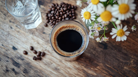 Top view of a black coffee next to a glass of water, with a small vase of flowers and coffee beans on a rustic wooden table.の素材