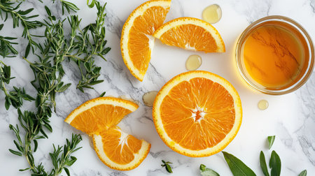 Top view of a bitter orange, sliced into wedges, surrounded by a few fresh herbs and a drizzle of honey on a marble countertop.の素材