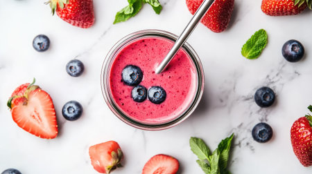 Top view of a berry smoothie in a glass jar with a metal straw, surrounded by fresh strawberries, blueberries, and mint leaves on a white marble background.の素材