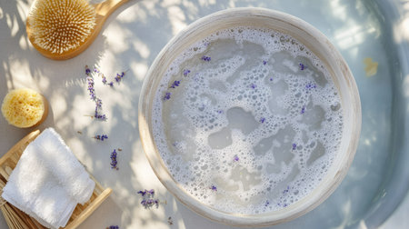 Top view of a bath pot with water and scattered lavender buds, surrounded by natural bath products and a loofah for a serene bath experience.の素材