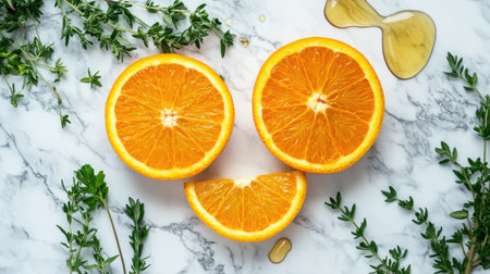 Top view of a bitter orange, sliced into wedges, surrounded by a few fresh herbs and a drizzle of honey on a marble countertop.の素材