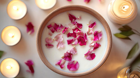 Top view of a bath pot filled with milk and flower petals, creating a luxurious spa atmosphere, surrounded by candles and essential oils.の素材