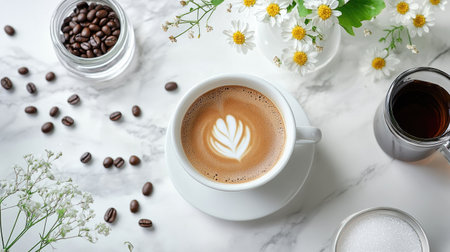 Top view of a coffee cup with a glass of water, placed on a white marble table with coffee beans, a small flower vase, and a sugar jar. -の素材