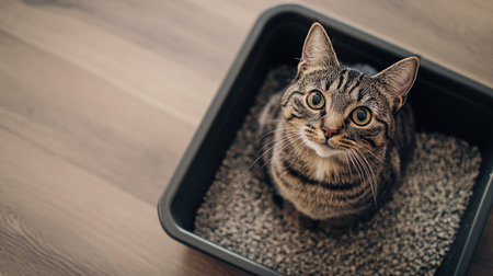 Top view of a cat with its body partially in a litter box, leaving the top part of the image open for copy or promotional text.の素材