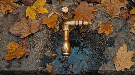 Top view of a brass garden tap with water dripping onto a stone surface, surrounded by dry leaves and soil, creating a rustic look.の素材