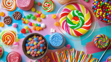 Top view of a candy-filled party setup with vibrant lollipops, wrapped candies, and chocolate treats on a colorful tablecloth.の素材