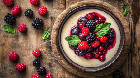 Top view of a bowl of creamy panna cotta with berry compote and mint leaves, set on a rustic wooden surface with a few fresh berries.の素材