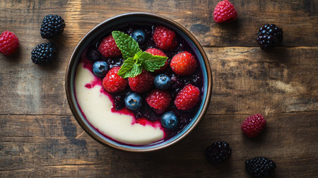 Top view of a bowl of creamy panna cotta with berry compote and mint leaves, set on a rustic wooden surface with a few fresh berries.の素材