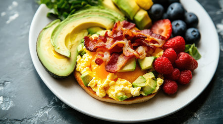 Top view of a colorful breakfast sandwich with scrambled eggs, bacon, and avocado, served on a white plate with a side of fresh fruit.の素材