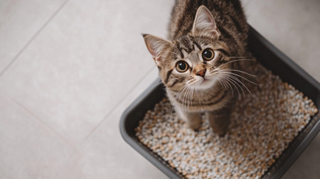Top view of a cat entering a litter box, with a clean and spacious area on the right side for text or promotional material. -の素材
